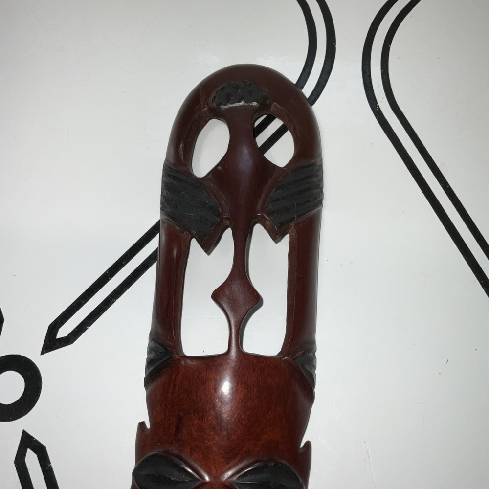 Hand Carved African Style Wooden Mask Wall Decor Red Brown Openwork Long Mask - Picture 4 of 16